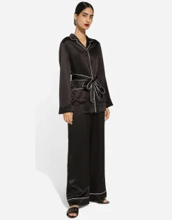 Silk pajama pants with contrasting piping