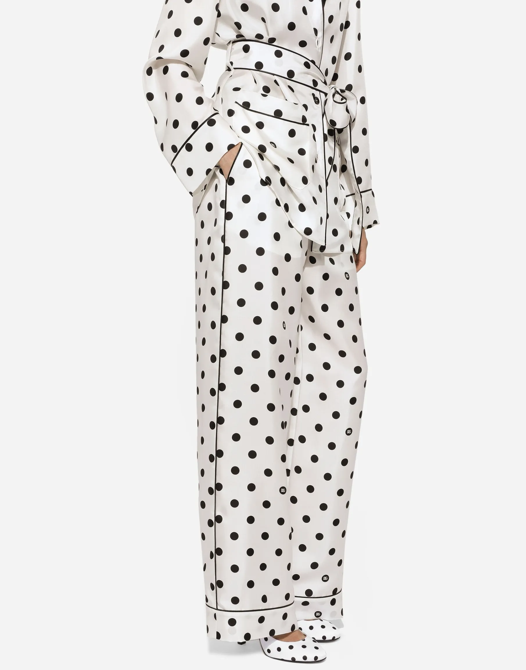 Silk pajama pants with polka-dot print