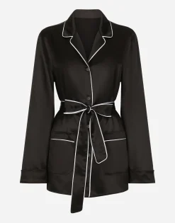 Silk pajama shirt with contrasting piping