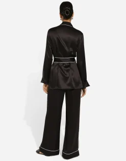 Silk pajama shirt with contrasting piping
