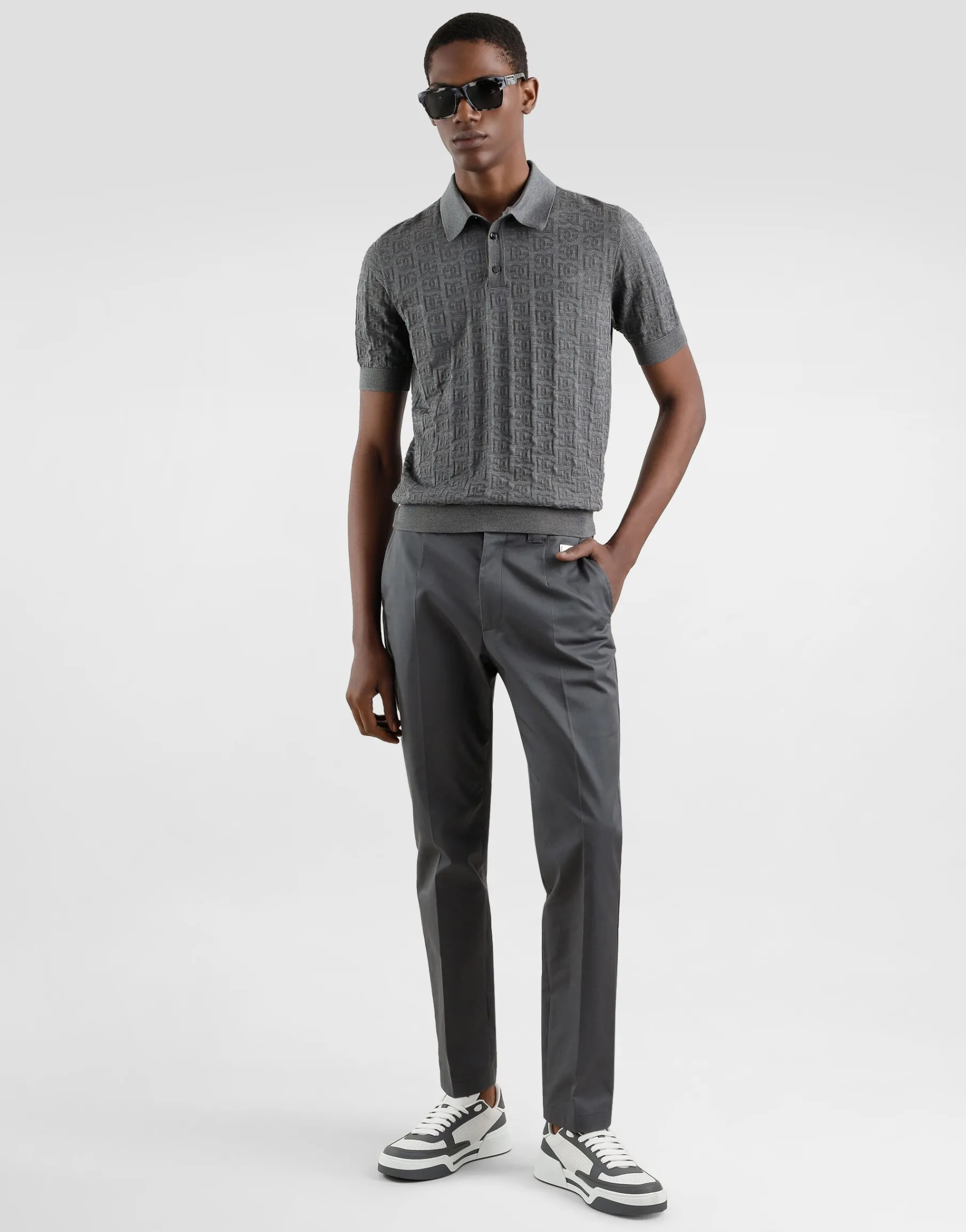 Silk polo-shirt with all-over DG logo embroidery