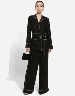Silk satin jacquard pajama pants with all-over DG logo