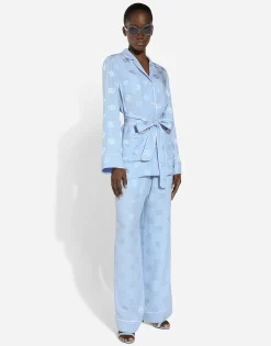 Silk satin jacquard pajama pants with all-over DG logo