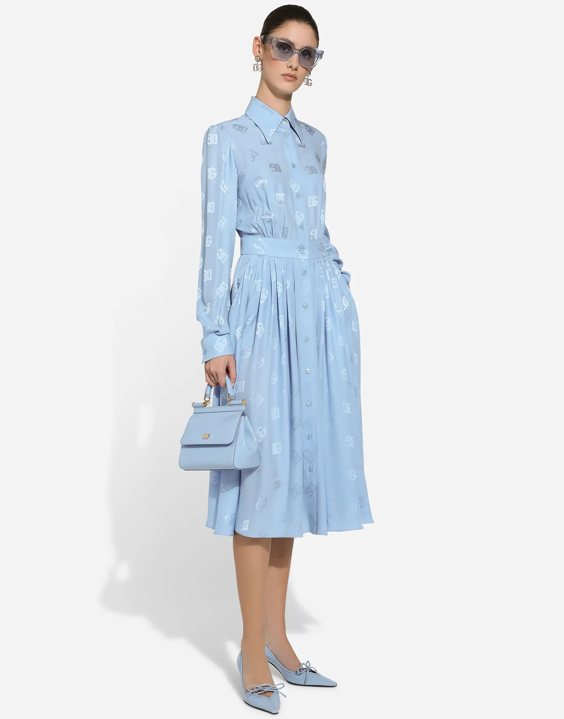 Silk satin jacquard shirt dress with DG logo