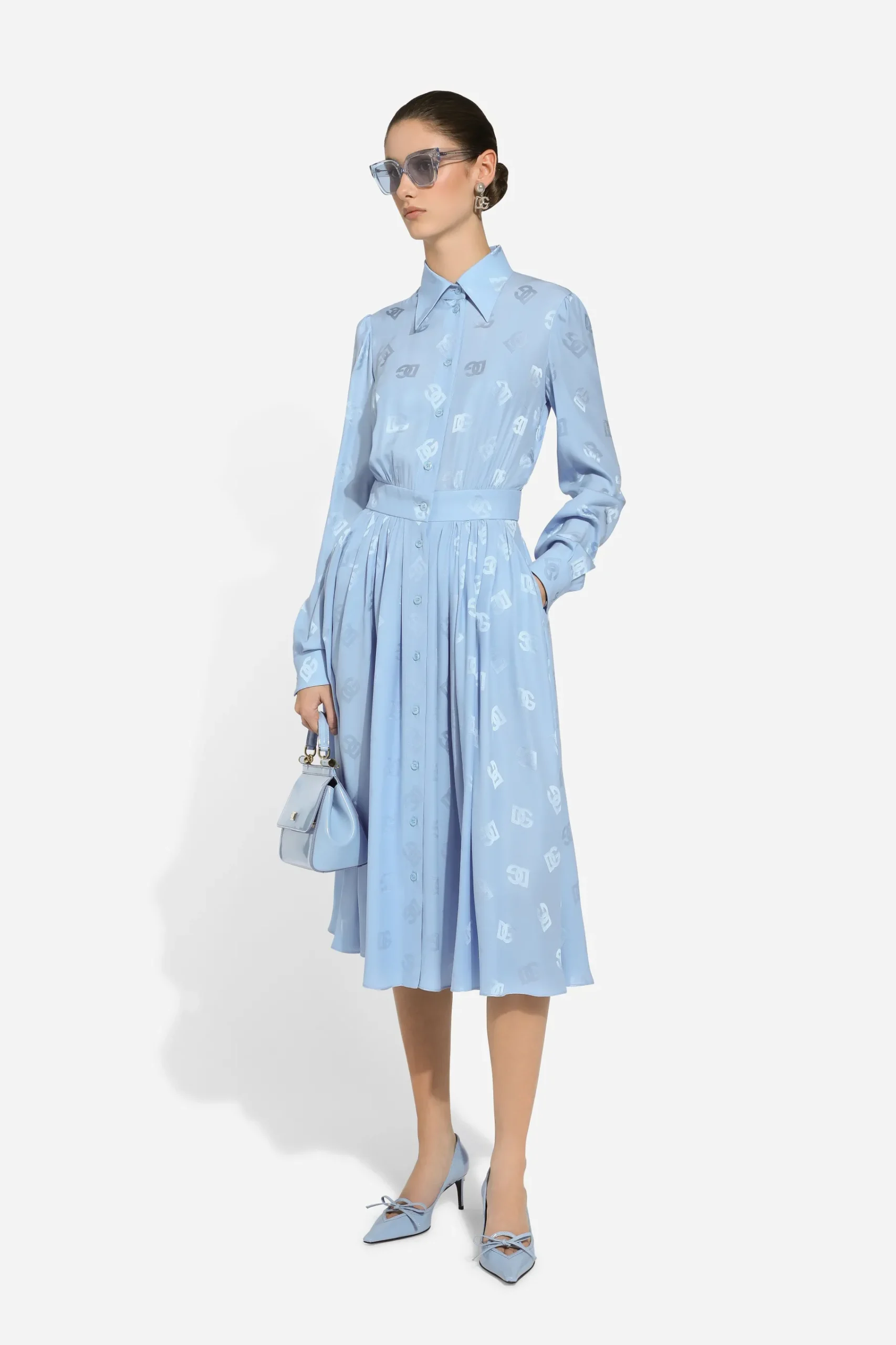 Silk satin jacquard shirt dress with DG logo