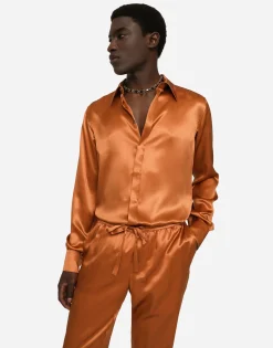 Silk satin Martini-fit shirt with metal DG logo