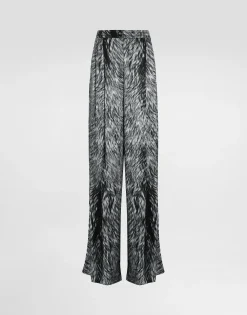 Silk satin pajama pants with fur print