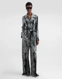 Silk satin pajama pants with fur print