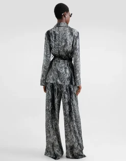 Silk satin pajama pants with fur print