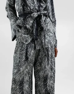 Silk satin pajama pants with fur print