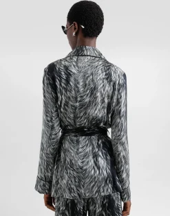 Silk satin pajama shirt with fur print