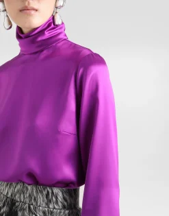 Silk satin sack top with turtle-neck
