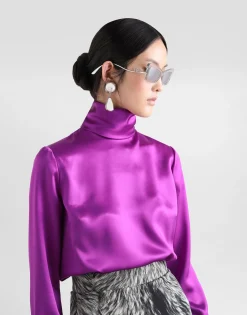 Silk satin sack top with turtle-neck