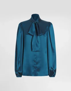 Silk satin shirt with pussy-bow