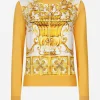 Silk sweater with majolica-print silk twill panel on the front