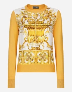 Silk sweater with majolica-print silk twill panel on the front