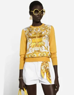 Silk sweater with majolica-print silk twill panel on the front