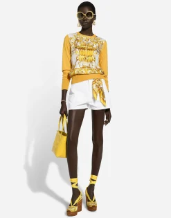 Silk sweater with majolica-print silk twill panel on the front