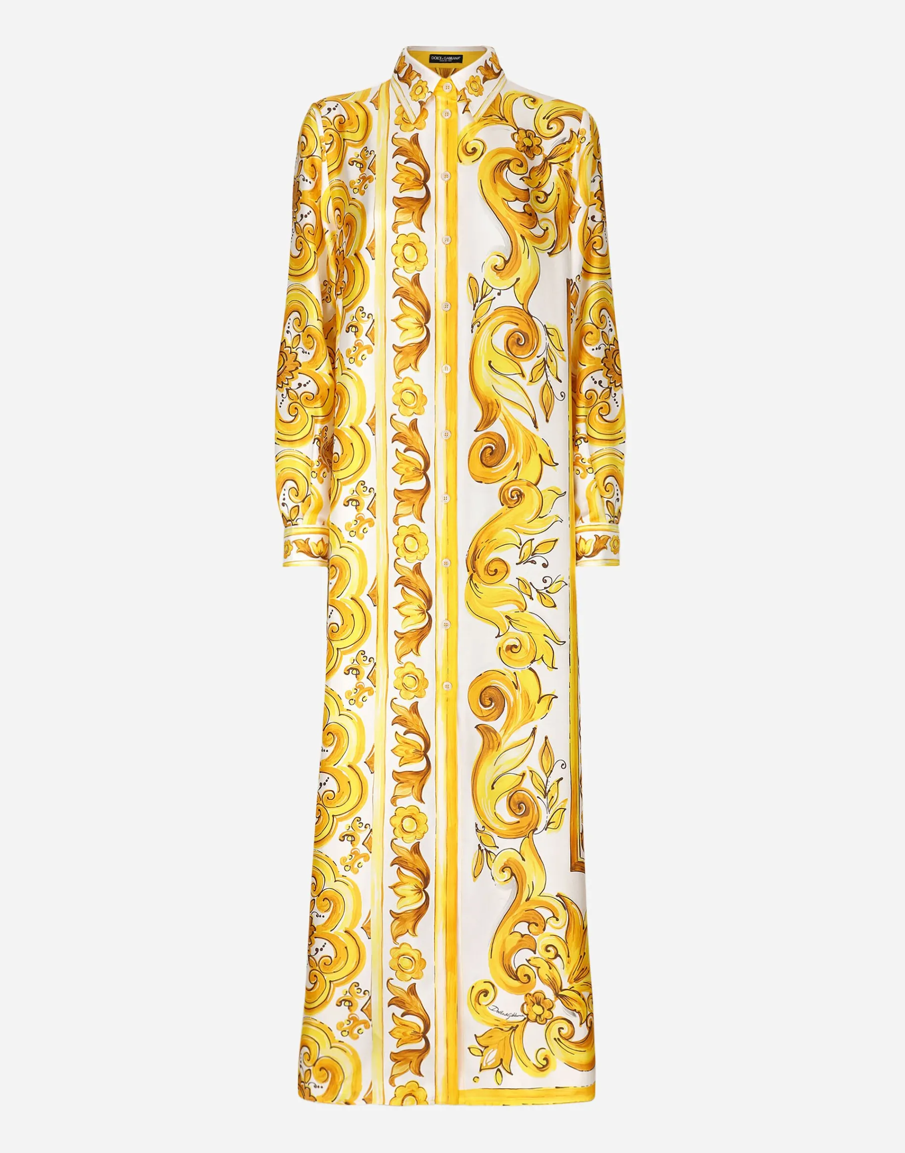 Silk twill caftan shirt with majolica print