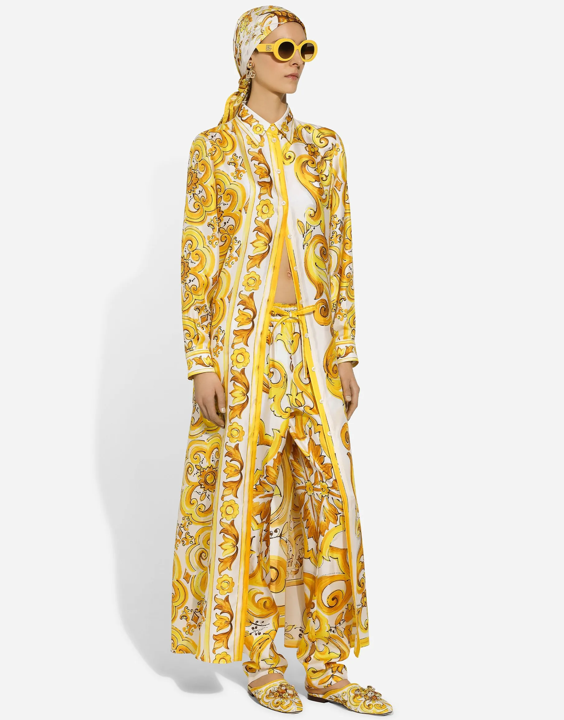Silk twill caftan shirt with majolica print