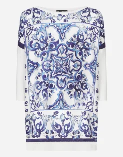Silk twill crew-neck pullover with majolica print