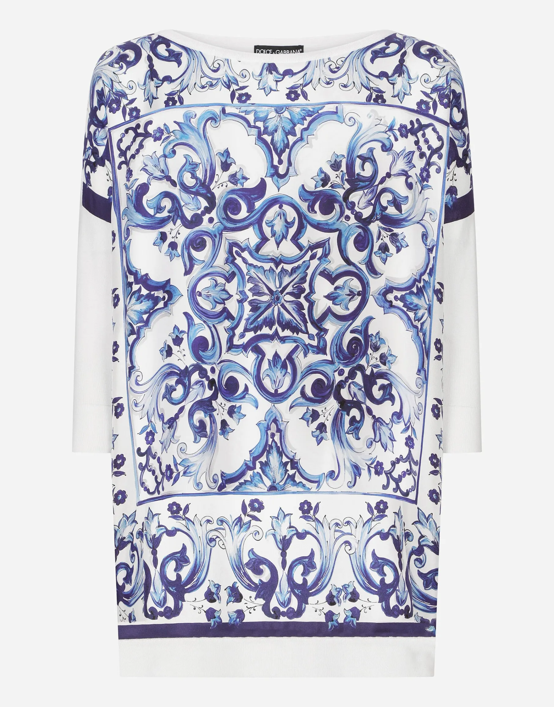 Silk twill crew-neck pullover with majolica print