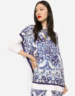 Silk twill crew-neck pullover with majolica print