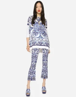 Silk twill crew-neck pullover with majolica print
