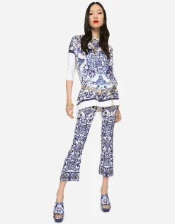 Silk twill crew-neck pullover with majolica print