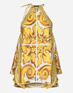 Silk twill halterneck top with majolica print