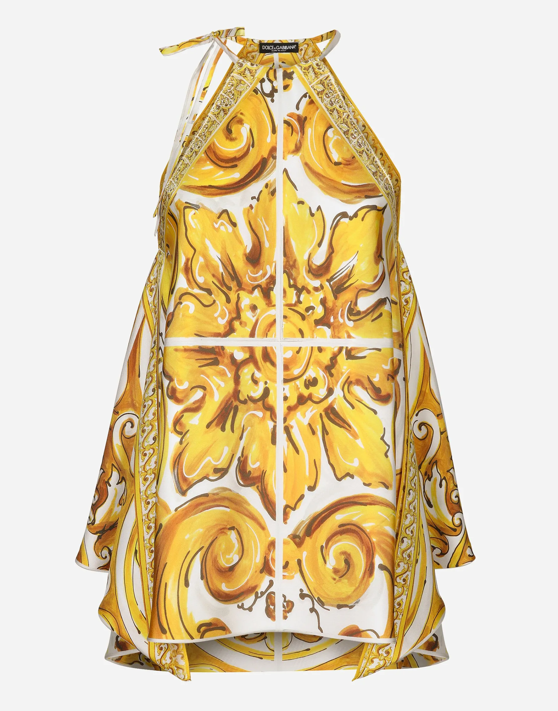 Silk twill halterneck top with majolica print