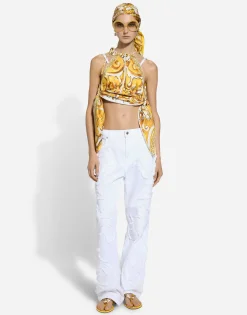 Silk twill halterneck top with majolica print