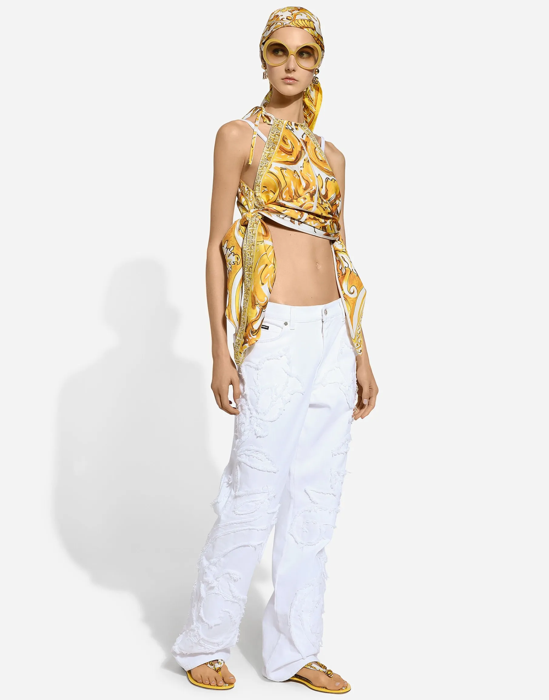 Silk twill halterneck top with majolica print