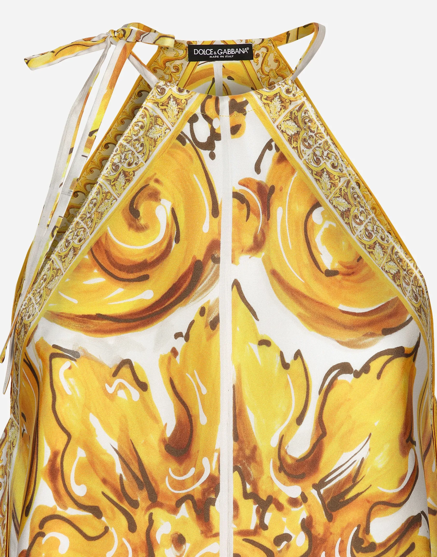 Silk twill halterneck top with majolica print