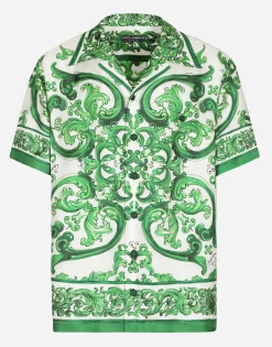 Silk twill Hawaiian shirt with majolica print