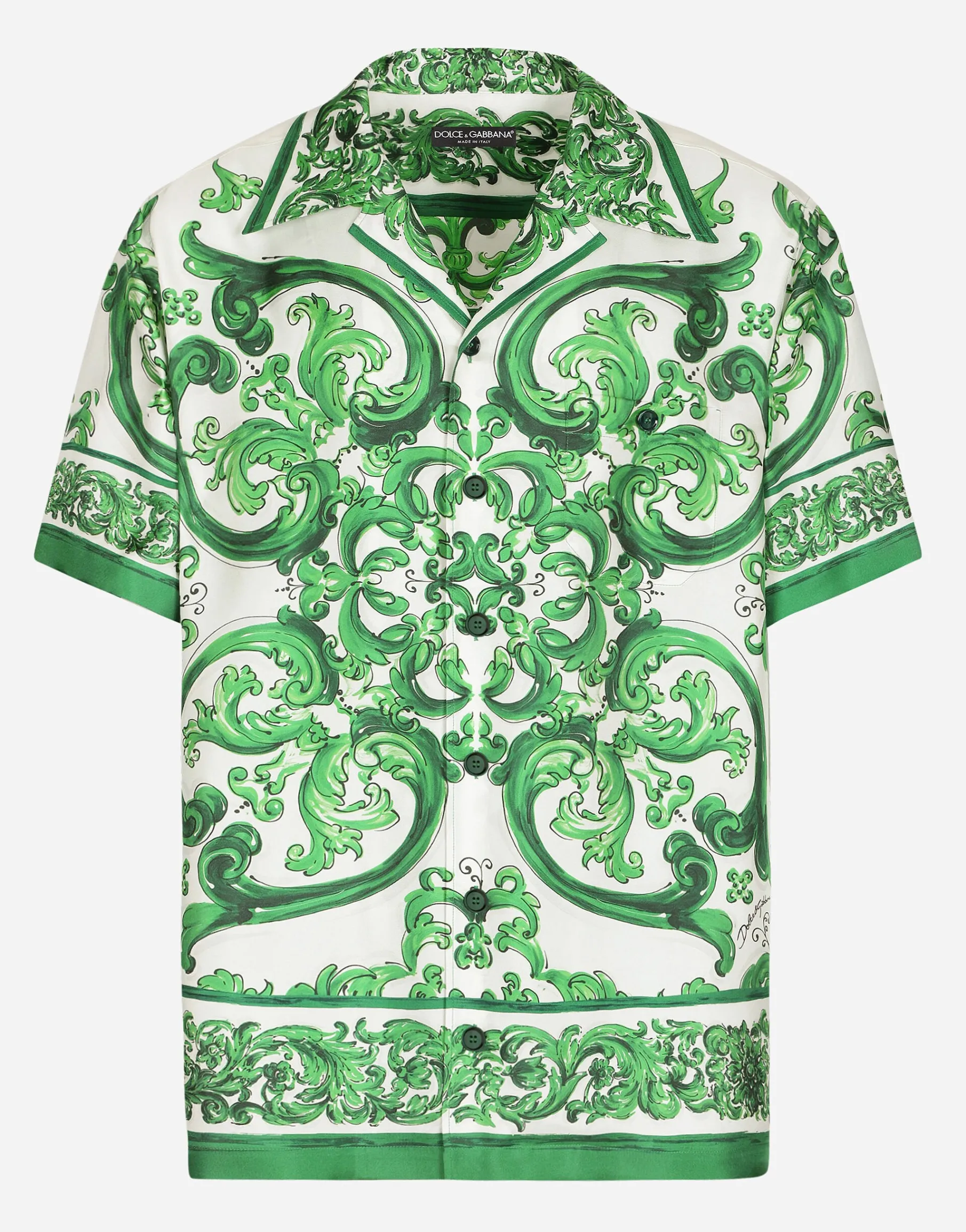 Silk twill Hawaiian shirt with majolica print