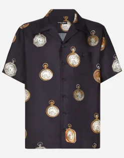 Silk twill Hawaiian shirt with watch print