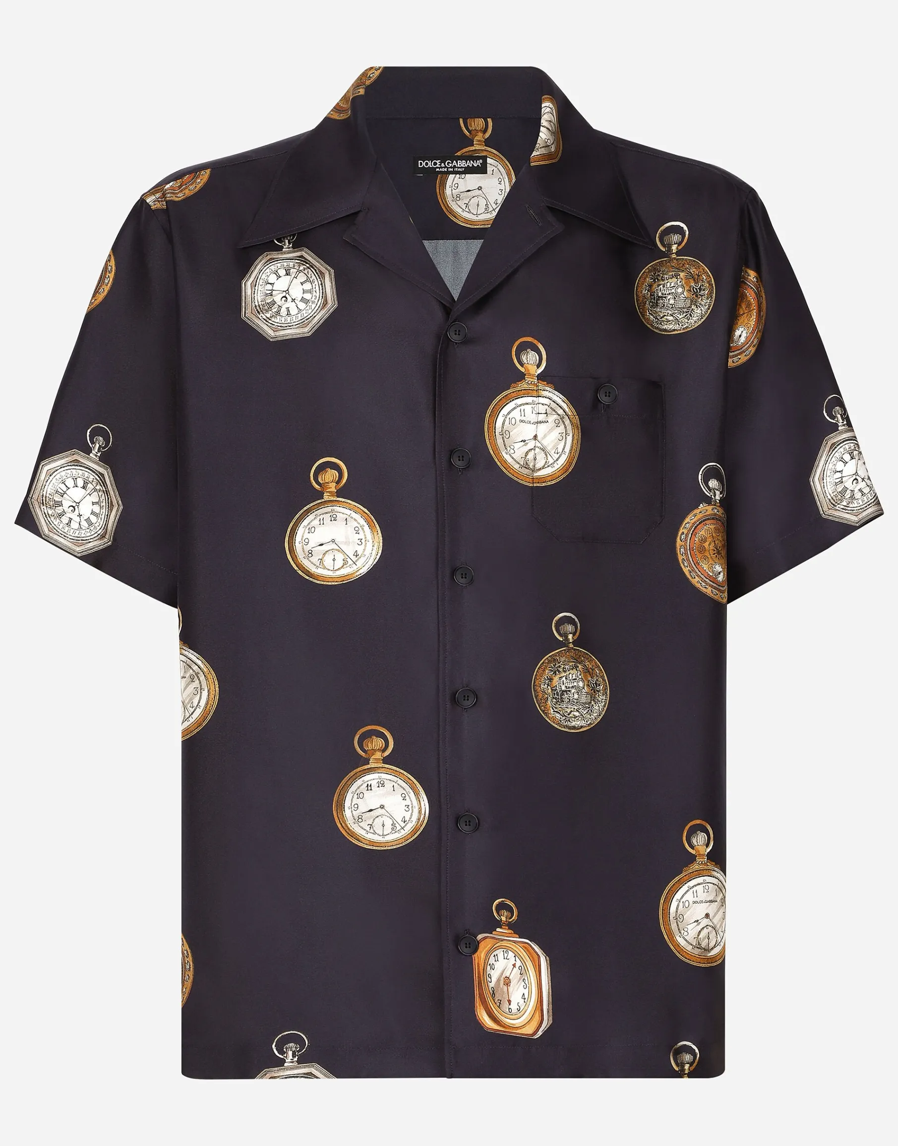 Silk twill Hawaiian shirt with watch print
