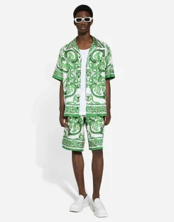Silk twill Hawaiian shirt with majolica print
