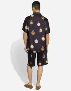 Silk twill Hawaiian shirt with watch print