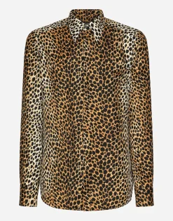 Silk twill Martini-fit shirt with ocelot print