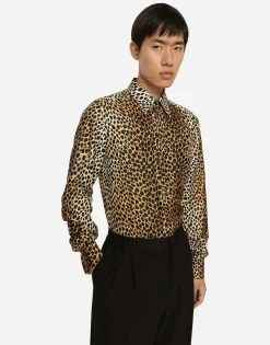 Silk twill Martini-fit shirt with ocelot print