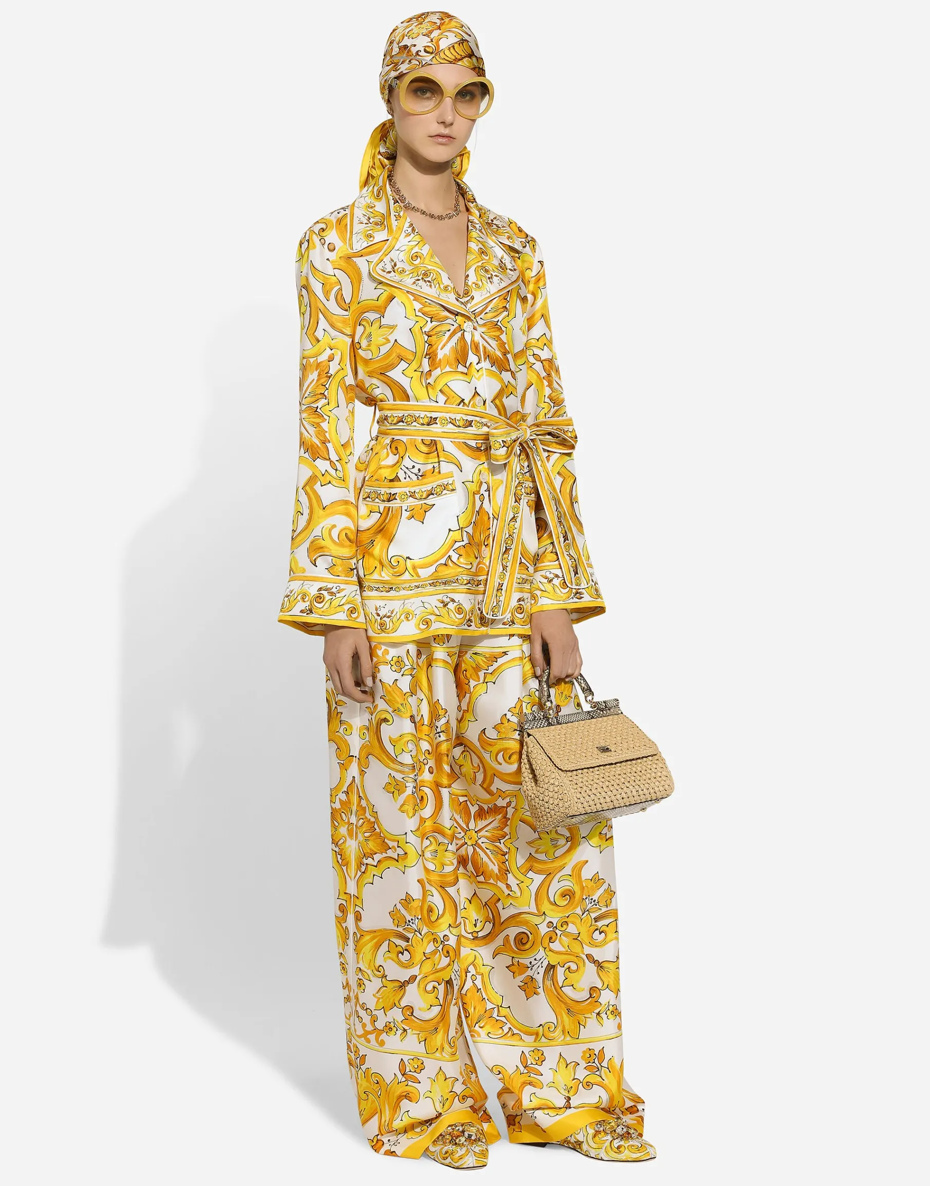 Silk twill pajama shirt with majolica print