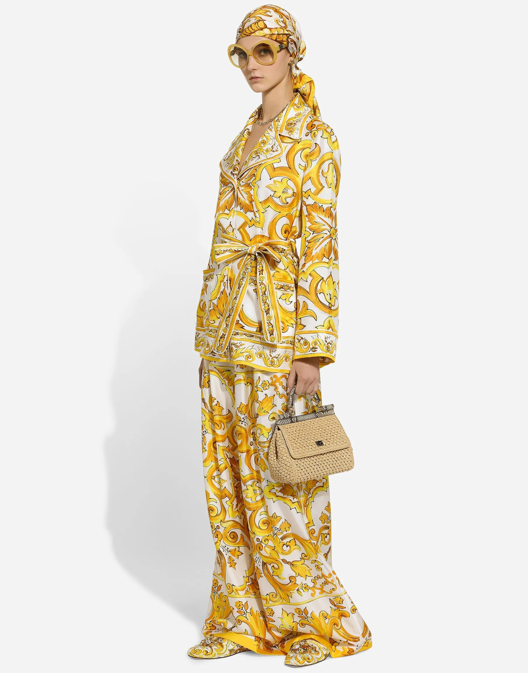Silk twill pajama shirt with majolica print