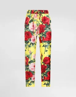Silk twill pants with bouquet print