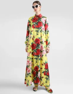 Silk twill pants with bouquet print