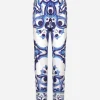 Silk twill pants with majolica print