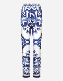 Silk twill pants with majolica print