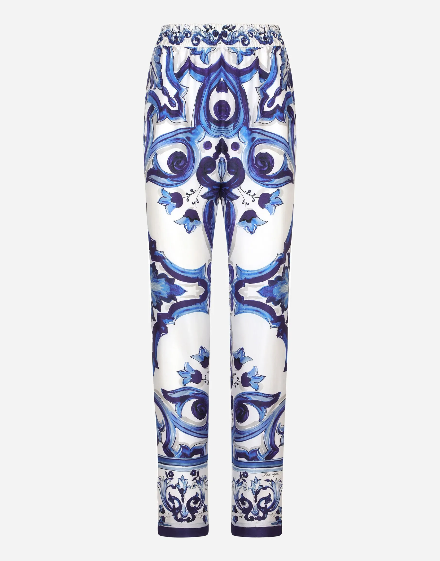 Silk twill pants with majolica print