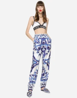 Silk twill pants with majolica print